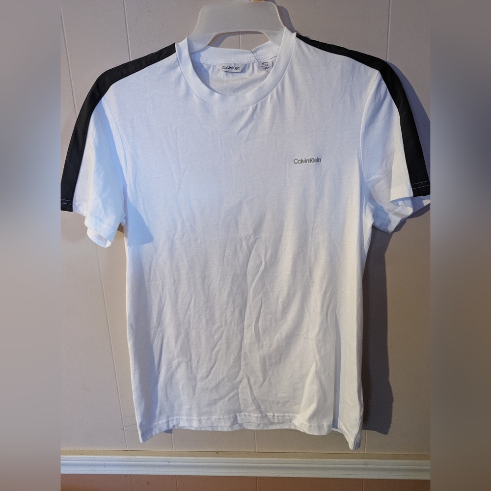 Men's Calvin Klein Taping Shoulder Logo Short Sleeve Size S T-Shirt White